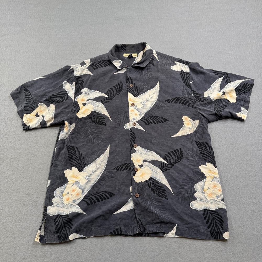 Tommy Bahama Hawaiian Shirt Men's Large Gray Silk Tropical Floral Camp Collar